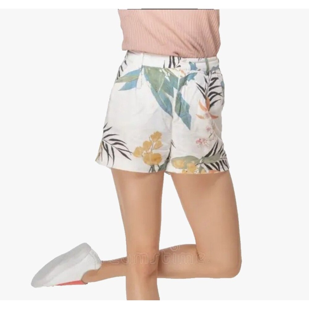Zara Women's Linen Shorts Small Floral Tropical Print White High Rise Chino